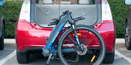 Montague M E1 Stock Folding Ebike Behind Trunk Of Toyota Prius Size Comparison